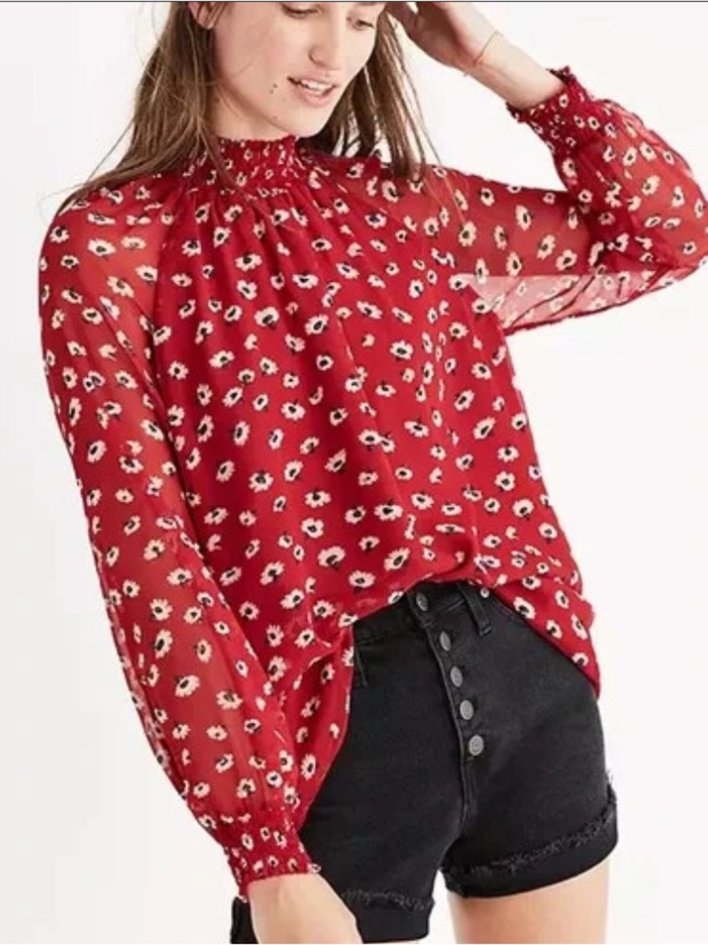 Madewell Red Floral Smocked Neck Long Sleeve Blouse Size Medium